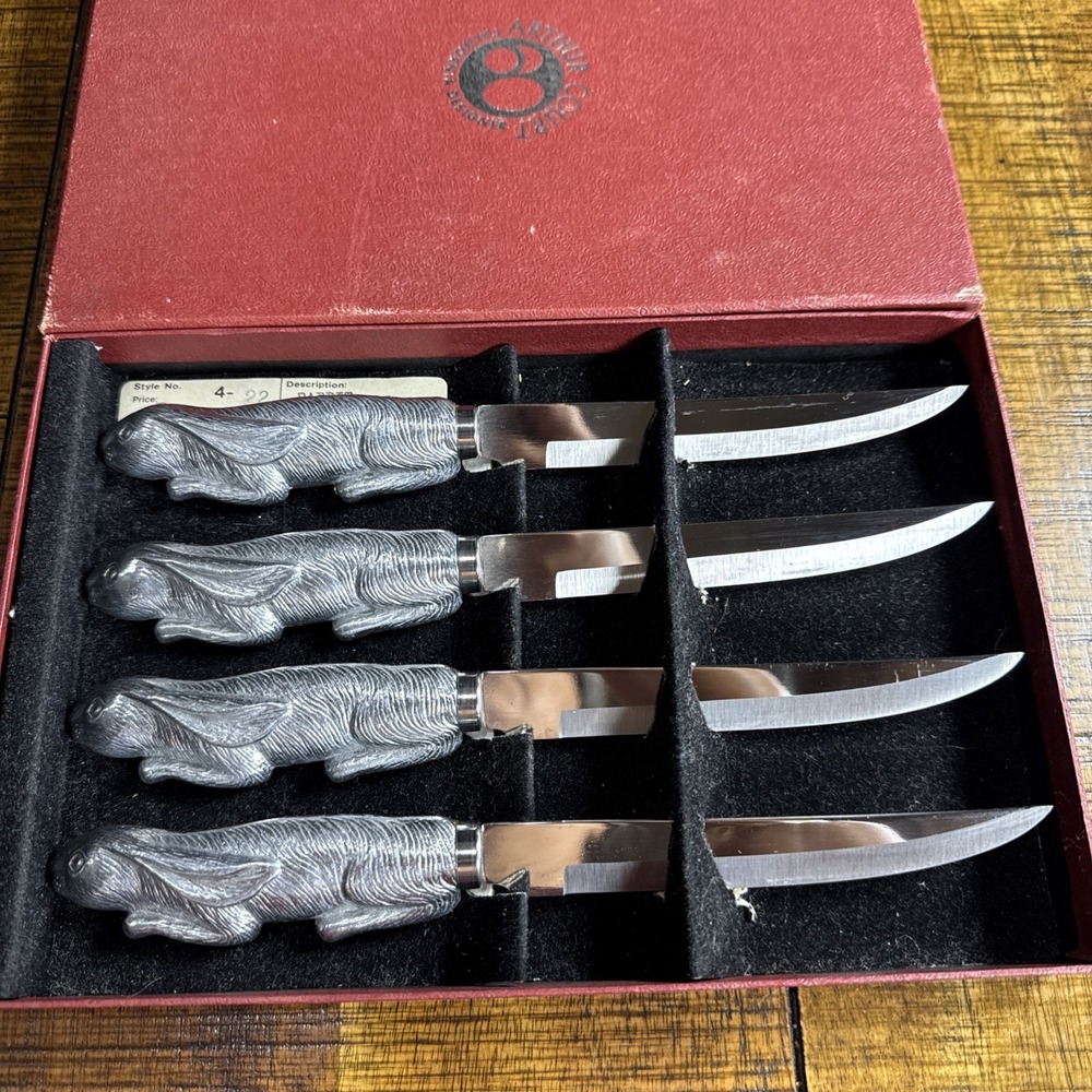 NOS Arthur Court Rabbit Stainless Steel STEAK KNIFE SET of 4/#4-22 Original Box